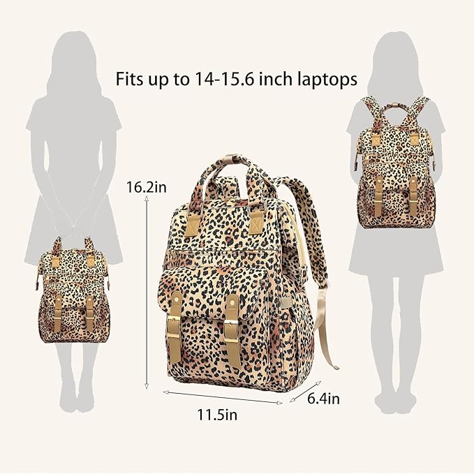 Corduroy Laptop Backpack for Women 15.6 Inch Stylish College School Bookbag, Business Work & Travel Computer Backpacks (Leopard Brown)