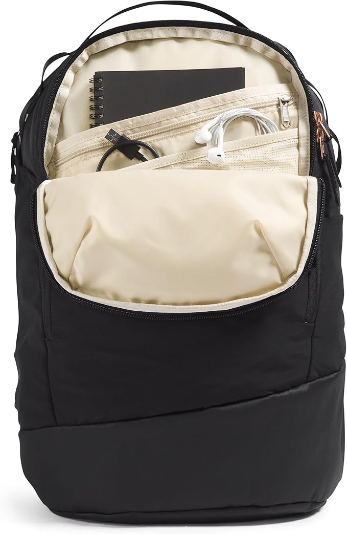 The North Face Women's Isabella Transit Backpack | Commuter Travel Bag with 16" Laptop Sleeve, Water-Repellent Finish, Women-Specific Fit, TNF Black Light Heather/Burnt Coral Metallic-NPF, One Size
