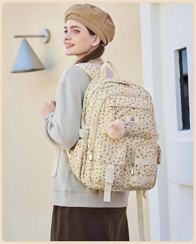 Hidds School Backpack for Teens Girls Women 15.6 Inch Laptop College Backpacks Corduroy Work Bag Kids Elementary Middle High Campus Bookbag Students Anti Theft Travel Daypack Womens - Beige Floral