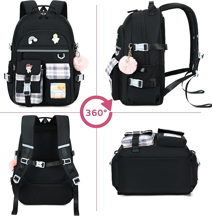 Backpack for Girls, 15.6 Inch Laptop School Bag Kids Kindergarten Elementary College Backpacks Large Bookbags for Teen Girl Women Students Casual Travel Daypacks (Black)