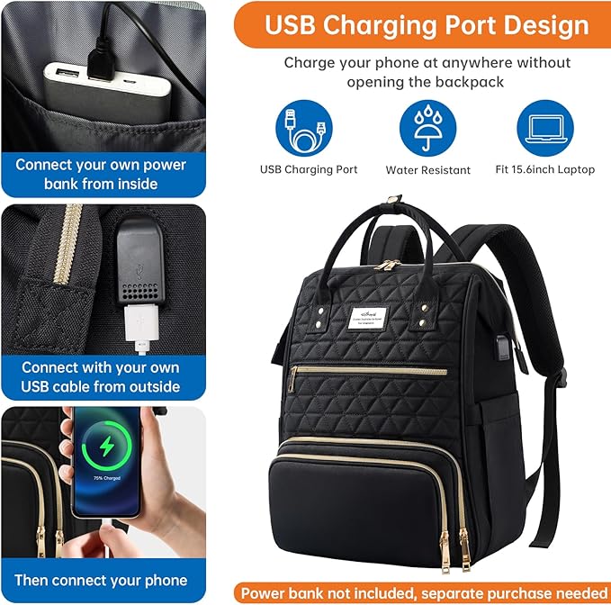 ETRONIK Lunch Backpack for Women, 17.3 Inch Laptop Backpack with USB Port, Stylish Nurse Backpack Teacher Work Bag with Insulated Cooler Lunch Box for Women Men/Travel, Black