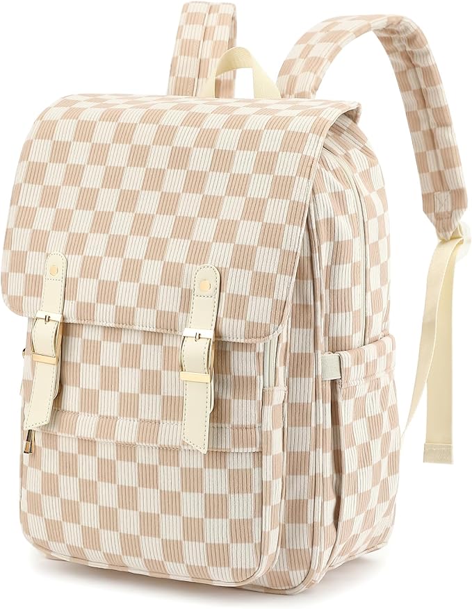 Women Laptop Backpack, Corduroy 15.6" Travel Backpack for Work College Business, Teacher Nurse Bag with Large Capacity School Bookbag Bags for Girls - Checkered Brown