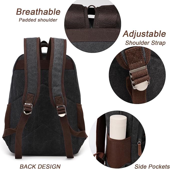 Canvas Laptop Backpack with USB Charging Port, Vintage Daypack for Men Women, Black Travel Work Rucksack College Computer Bag Bookbag Fits 15.6 Inch Lapop, Black