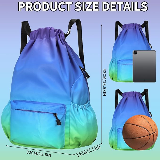 Drawstring Backpack for Women Drawstring Gym Bag Water Resistant Small Cinch Sack Pull String Backpack Bag (Blue-Green)