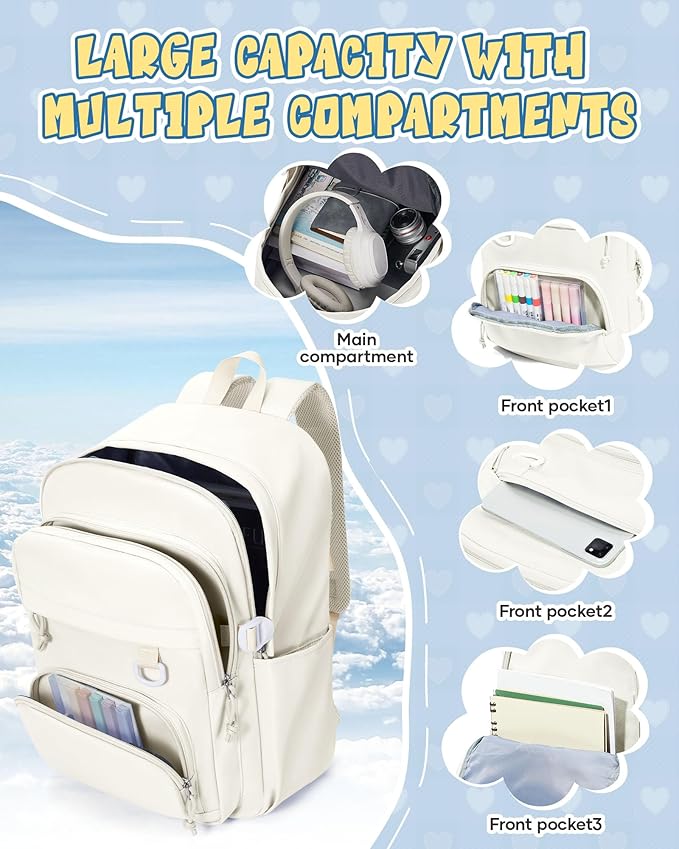 Lightweight Backpack for College & High School Backpack With Lots of Pockets Cute School Bag for Girls Boys, Large Capacity Bookbag for Women Men, Waterproof Teens Casual Daypack Backpack(Beige)