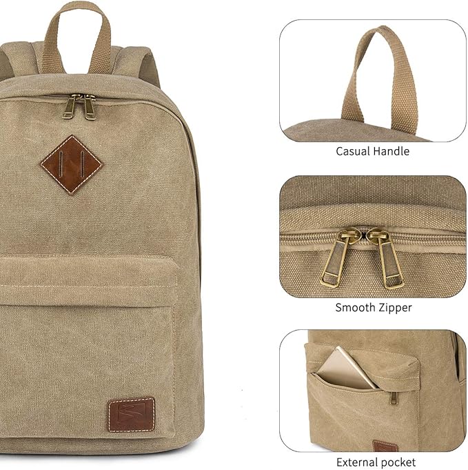 Canvas College Laptop Backpack, Durable Rucksack, Travel Bag Fits 15.6 Inch Notebook for Men Women, Khaki