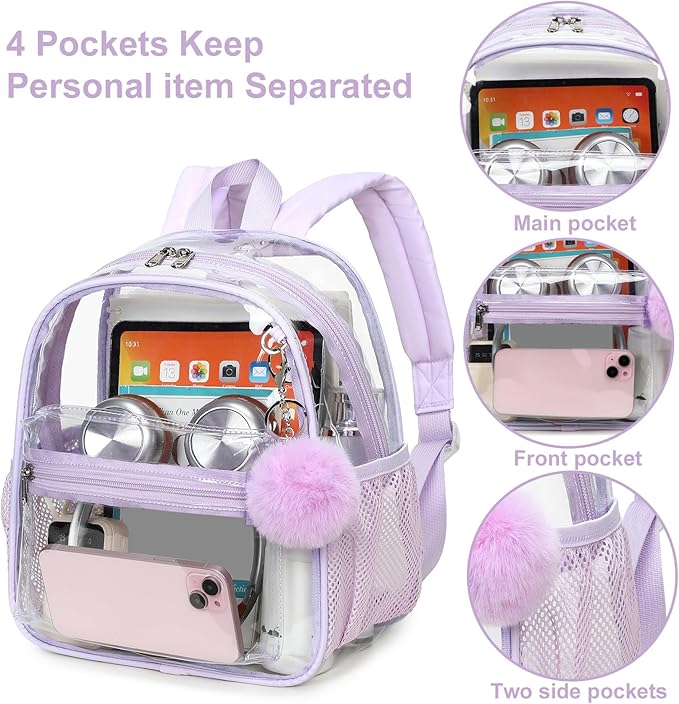 BTOOP Clear Mini Backpack for Stadium Events 12x12x6 Small Transparent Backpacks Plastic See Through Clear Bag for Concerts Work Festival Security Travel Purple