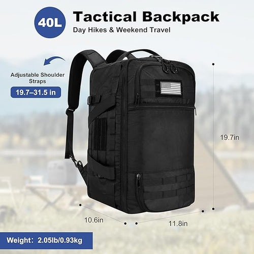 40L Military Tactical Backpack for Men 3 in 1 with MOLLE System Waterproof 600D Black Backpack for Travel Outdoor Sports Camping and Weekend Trips (Black)