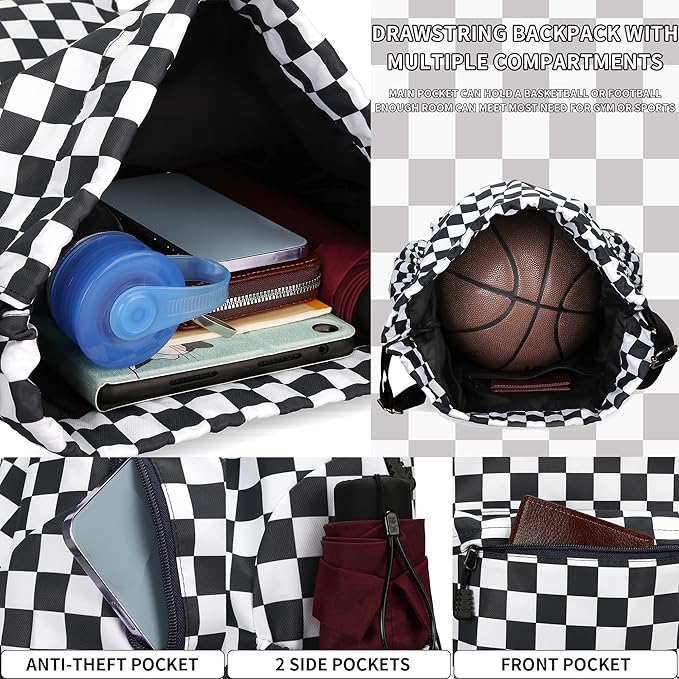 Drawstring Backpack for Women Drawstring Gym Bag Water Resistant Small Cinch Sack Pull String Backpack Bag (Checkered-Black)