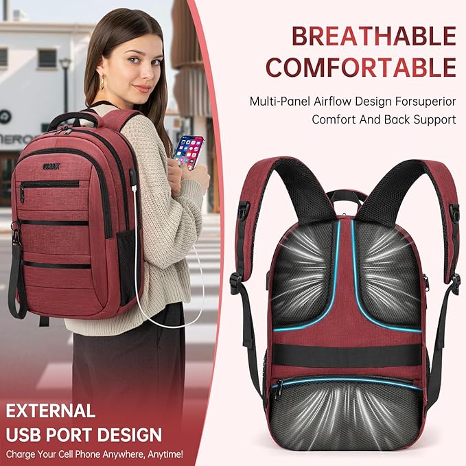 GMAK Travel Laptop Backpack for Men & Women, Business Anti Theft Laptops Backpacks with USB Charging Port, Fits 15.6 Inch Notebook, Water Resistant College School Computer Bag for Travel Sports, Red