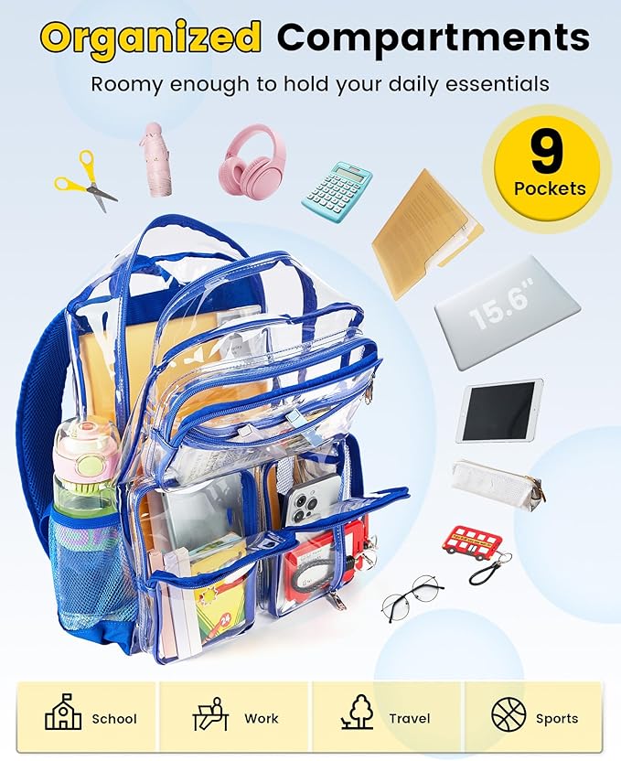 Vorspack Clear Backpack Heavy Duty - Extra Large Clear Bookbag Transparent See Through Backpacks for College Work Festival - Blue