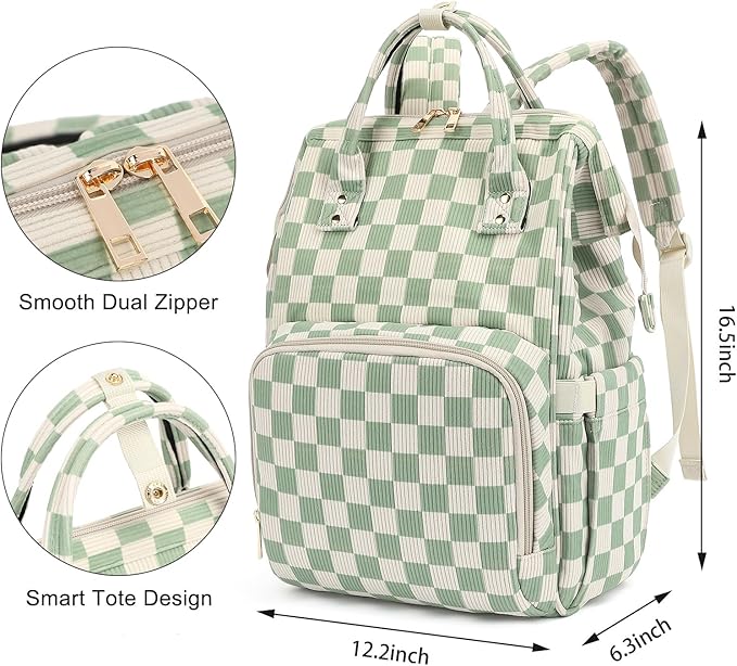Laptop Backpack for Women, Corduroy College School Backpack Bookbag 15.6 inch Business Computer Travel Backpack (Checkered Green)