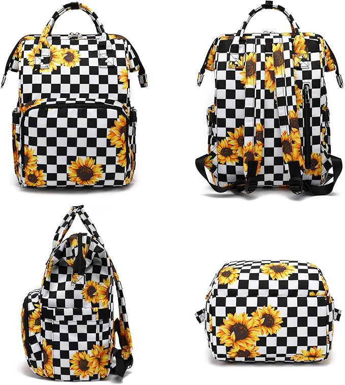 Laptop Backpack for Women, 15.6 inch College School Backpacks Bookbag for Work/School/Travel/Business (Checkered Sunflower)