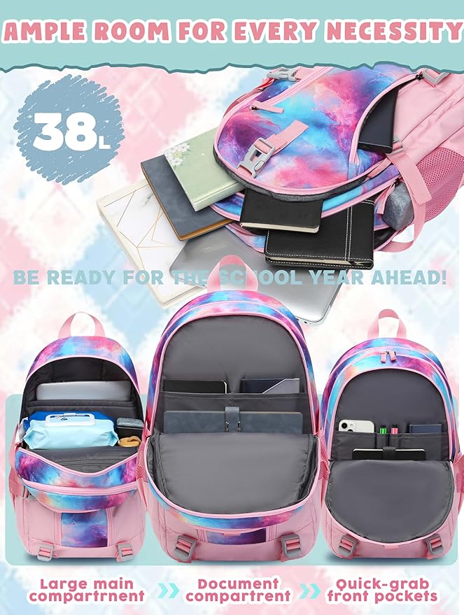 BLUEFAIRY High School Backpack for Girls Boys Middle School Bookbag for Kids Back to School Bag for College with Large Compartment Casual Daypack Mochilas para Niñas Adolescentes 18" Cherry Pink