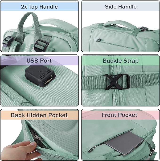 Travel Backpack, Expandable Large Capacity Business Work, Water Repellent Carry On Daypack with USB Charging Port, Fit 17 Inch Laptop, Bag for Men and Women,Mint Green