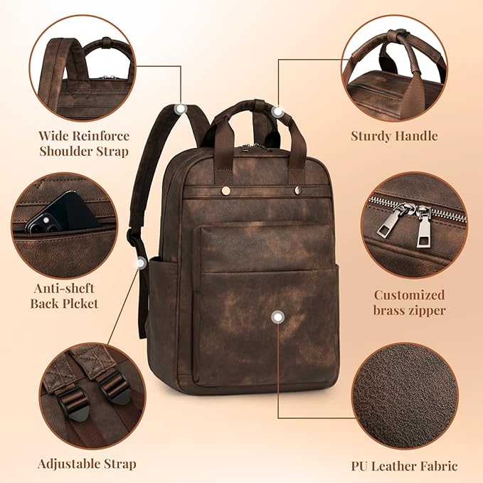 PU Leather Laptop Backpack for Women | 17 Inch Laptop Backpack for Work College School - Large Capacity Computer Bag Teacher Nurse Bag Casual Daypack (Coffee)