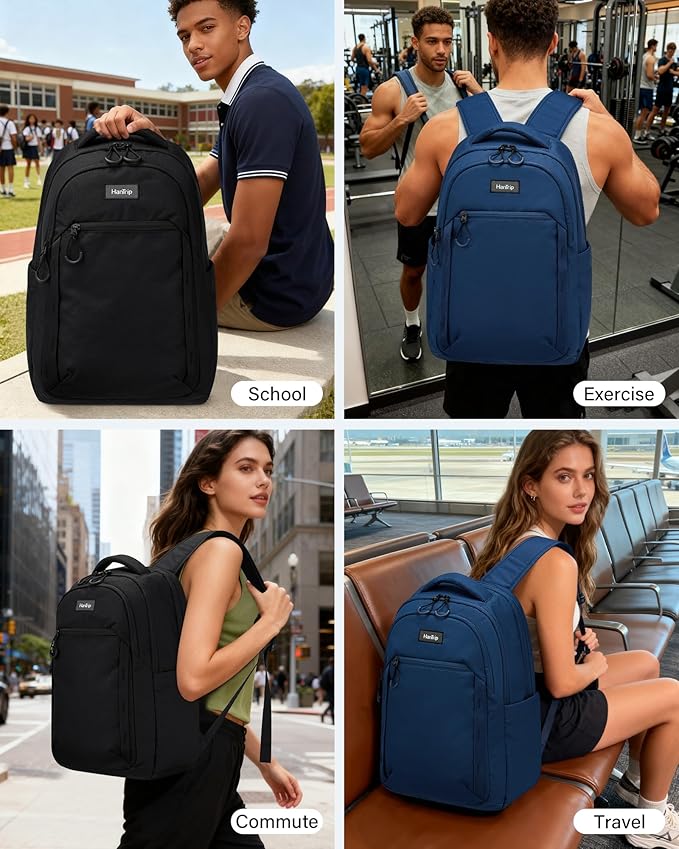 Travel Laptop Backpack for Women Men, 18 Inch Large Work Backpack for Commuter College School Book Bags, Water Resistant Backpack with Luggage Strap Water Bottle Pocket Chest Strap, Navy Blue