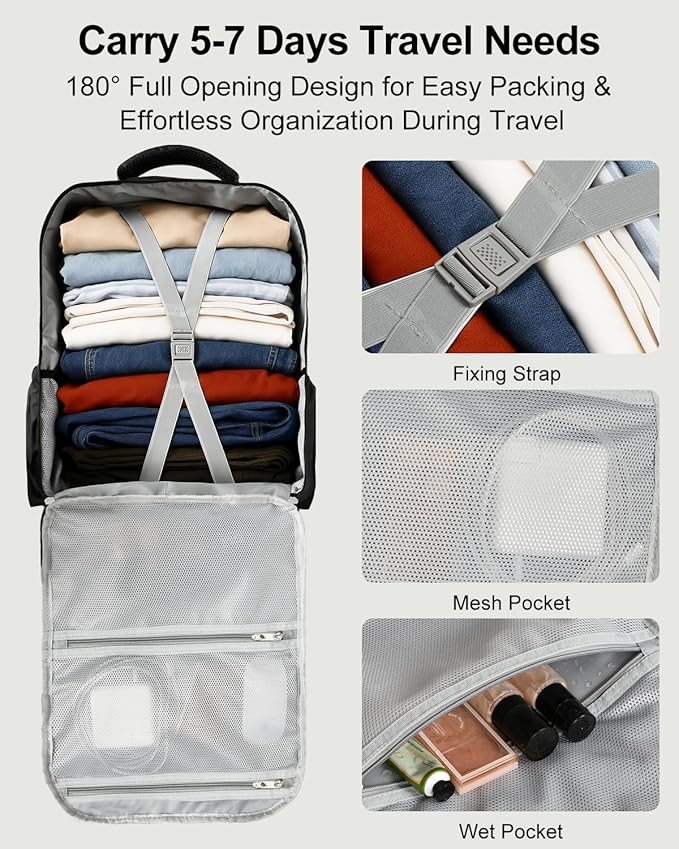 Travel Backpack for Women & Men, Large Carry On Personal Item Bag Airline Approved, Waterproof Traveling Overnight Bags, Gifts Laptop Backpack for Travelers College-Students Commuters (Black)