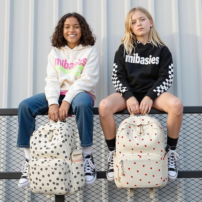 mibasies School Backpack for Girls with Laptop Sleeve: 18IN Large Capacity Corduroy Bookbag for Primary Middle School/College, Travel Daypack for Teens Women - Beige Strawberry