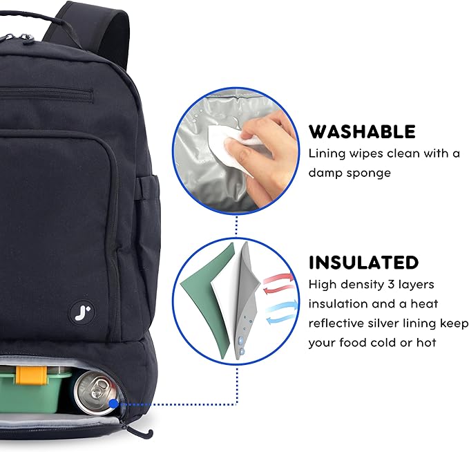 J World New York 2-in-1 Insulated Backpack Lunch Box for Kids. Adult School Bookbag, Black