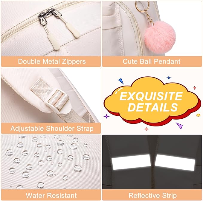 Cute School Backpack for Teen Girls & Women Students - Large 15.6 Inch Laptop Bookbag - College Middle School Travel Backpack with Ergonomic Support, Classic Beige