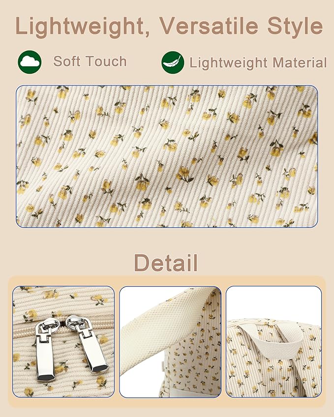 Hidds School Backpack for Teens Girls Women 15.6 Inch Laptop College Backpacks Corduroy Work Bag Kids Elementary Middle High Campus Bookbag Students Anti Theft Travel Daypack Womens - Beige Floral