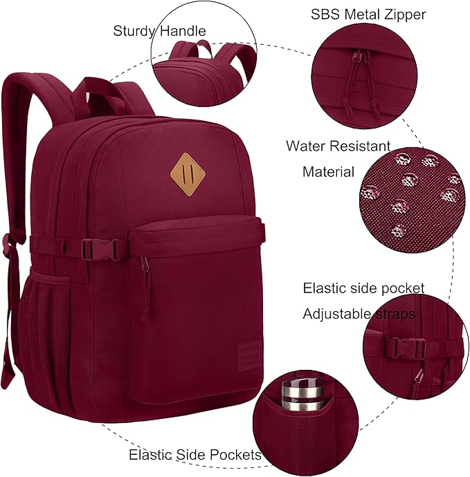 SUPACOOL Casual Backpack For School, Classical Travel Backpack for Men and Women, Bookbag for Boys, Girls and Kids, Laptop Compartment(Burgundy)