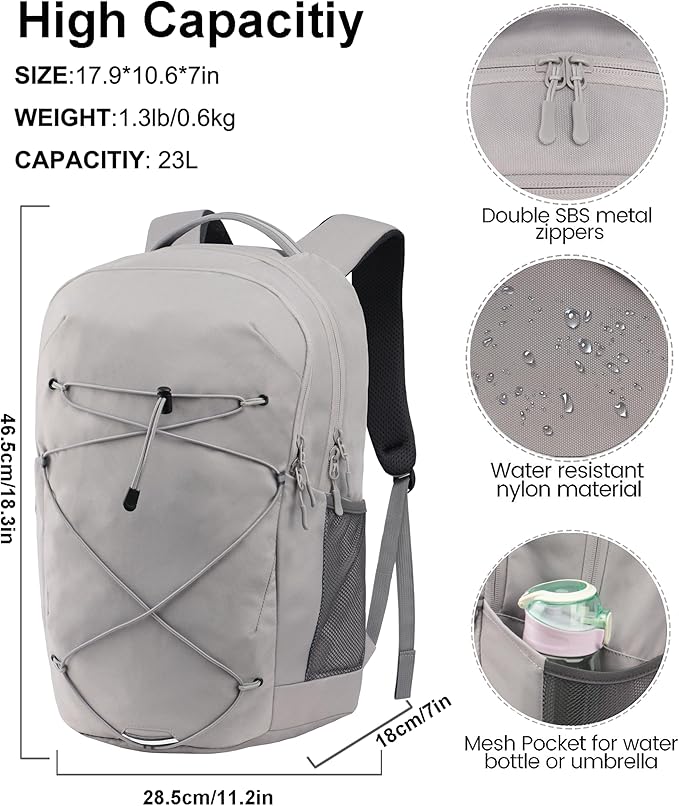 KEOFID Casual Backpack for Men and Women, Hiking Backpack for Travel, Black Daypacks for Sports, College, Water Resistant(Light Grey)