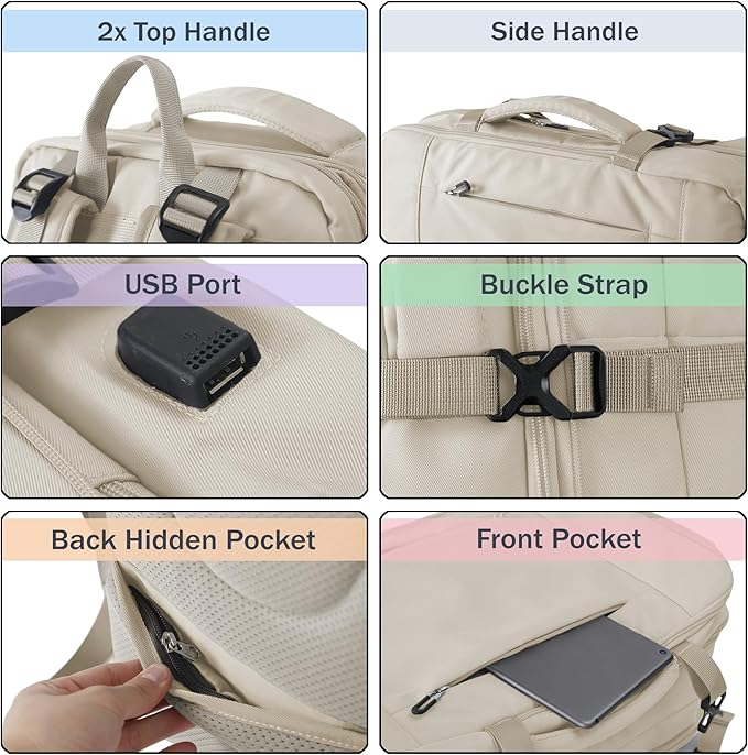 Travel Backpack, Expandable Large Capacity Business Work, Water Repellent Carry On Daypack with USB Charging Port, Fit 17 Inch Laptop, Bag for Men and Women, Beige