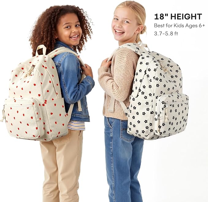 mibasies School Backpack for Girls with Laptop Sleeve: 18IN Large Capacity Corduroy Bookbag for Primary Middle School/College, Travel Daypack for Teens Women - Black Flower