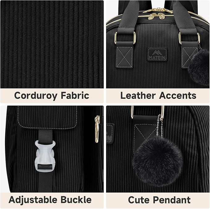 MATEIN Cute Laptop Backpack for Women, 15.6 Inch Corduroy Computer College Backpack, TSA Lightweight Aesthetic Back Pack Travel Laptop Daypack for Work Nurse Teacher Gift, Black