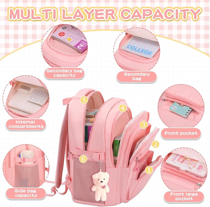 Cute Girls Backpack for School Kids Travel College backpack for Women Teen Pink Bookbags Aesthetic Laptop Bagpack