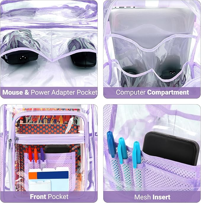 ZORFIN Clear Backpack Heavy Duty for School & Work – 17in Transparent PVC Bag with Large Capacity & Reinforced Straps – See Through Bookbag for Girls Women, Workplace Security - Purple