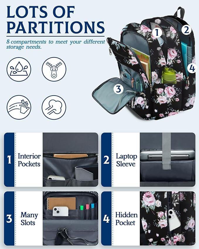 Large Backpack for Women Backpack with Lots of Pockets for Travel Work School Bookbag with Laptop Compartment for High School College Girls Mochilas Morrales para Mujer (Black/Pink, Floral)