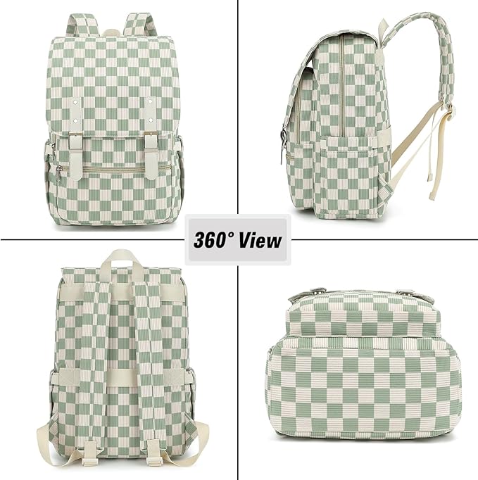 Corduroy Travel Backpack for Women, 15.6 Inch College Laptop Backpack, Fashion School Bookbag Work Backpacks (Corduroy Checkered Green)