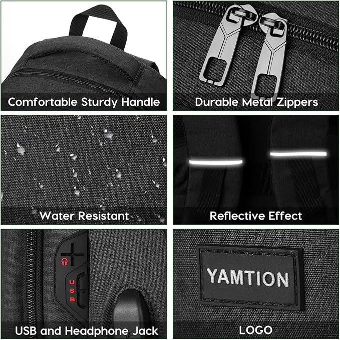YAMTION Black Backpack for Men and Women,School Backpack Bookbag for Teen Boys and Girls Laptop Backpack with USB for Collge Work Business