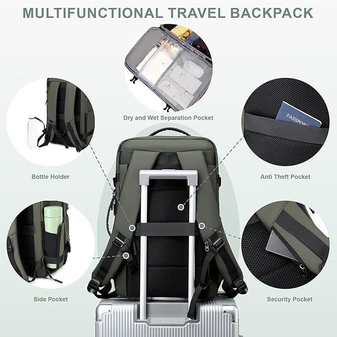 Carry On Travel Backpack, 35L-40L Expandable Extra Large Airline Approved,Lightweight Daypack for Men and Women（Green）