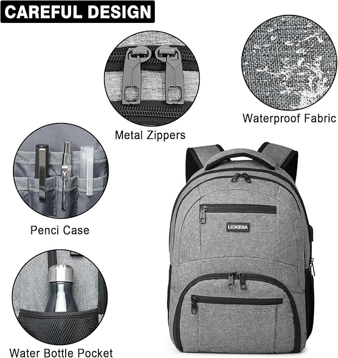 Travel Backpack, Large Laptop Backpack with USB Charging Port, Anti Theft Slim School Backpack for Men, Business Water Resistant College Bookbag Fits 17.3 Inch Computer Backpack, Grey