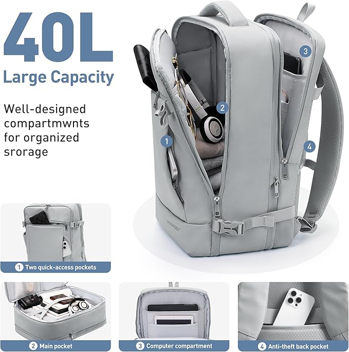 SHOWKOO Laptop Backpack for 17 Inch Laptop, 40L Expandable Large Capacity Backpack, TSA Carry On Travel Backpack with Padded Laptop Compartment, Water-Resistant College & Commuter Bag,Gray