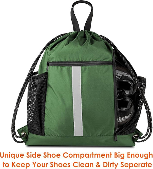 BeeGreen Green Drawstring Bag Gym Cinch Backpack w Shoe Compartment and Two Side Pockets Machine Washable Sports Sinch Sack String Sackpack for Swim Equipment Beach Travel