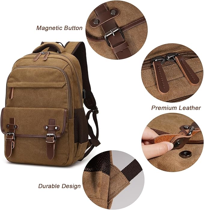 Canvas Laptop Backpack with USB Charging Port, Vintage Daypack for Men Women, Brown Travel Work Rucksack College Computer Bag Bookbag Fits 15.6 Inch Laptop, Brown