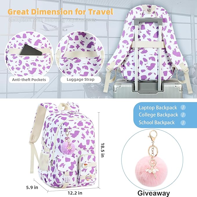 Hidds Backpack for Girls College School Backpacks Kids Bookbag School Bag Travel Laptop Daypack Teens Women (Purple)