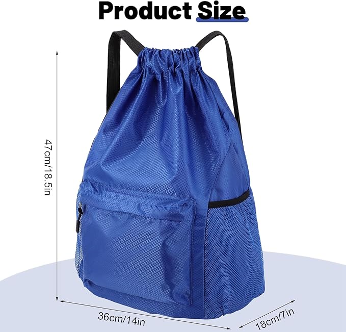 Drawstring Backpack, Gym Bag with Water Bottle Pocket, Waterproof String Backpack for Soccer, Basketball, Swim for Women Men (Blue