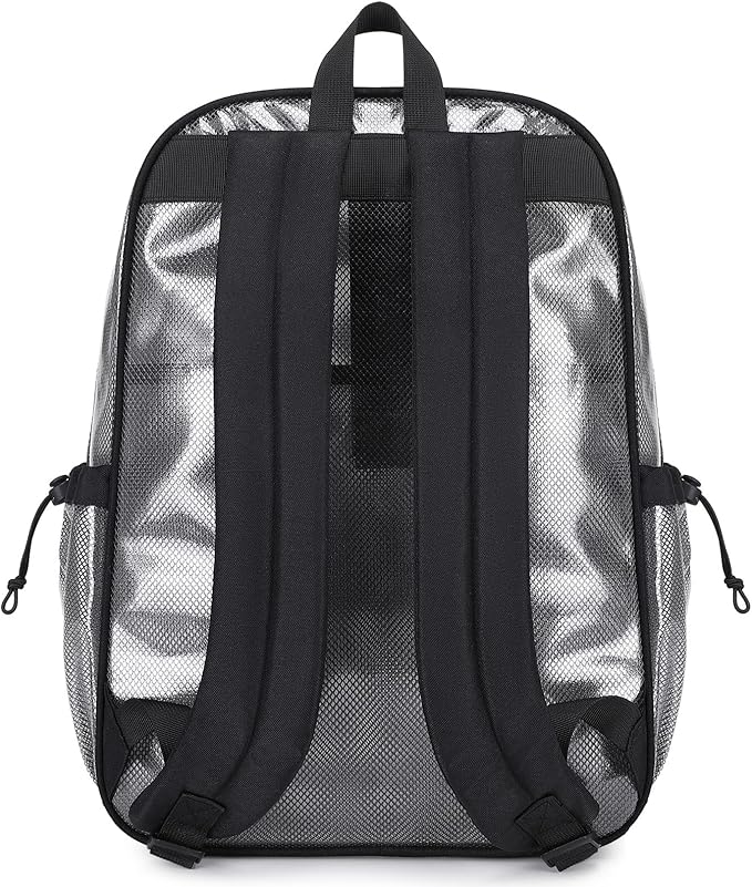 MOONBABY Clear Mesh Backpack for School Heavy Duty See Through Backpack Transparent Net Bookbag Girls Boys Back Pack for Swimming, Beach, Sports, Work, Travel (Black)