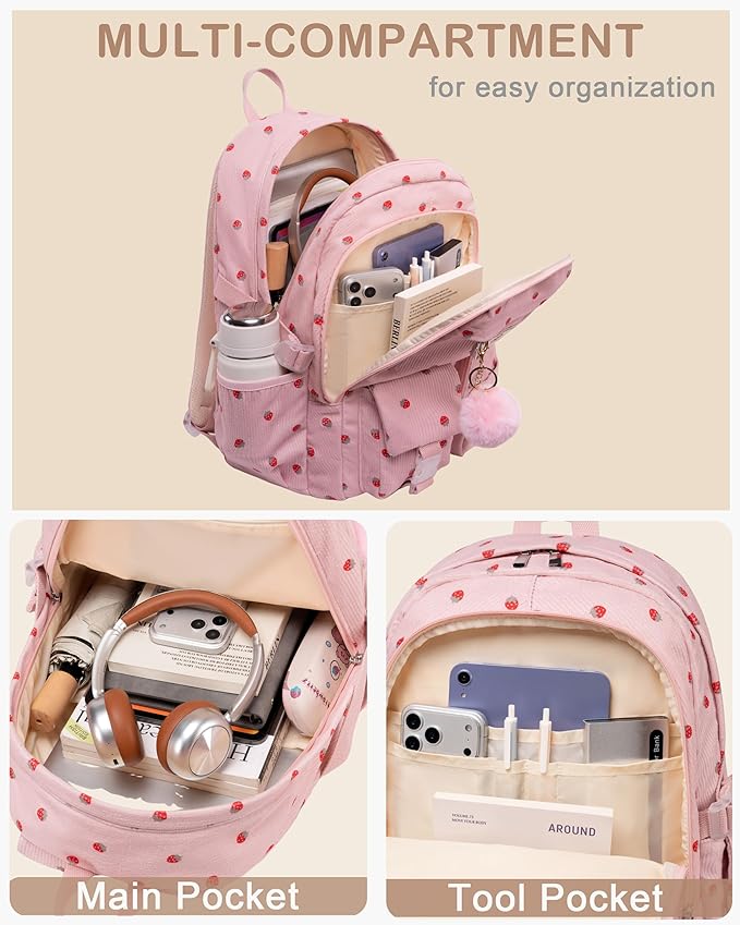 Hidds School Backpack for Teens Girls Women 15.6 Inch Laptop College Backpacks Corduroy Work Bag Kids Elementary Middle High Campus Bookbag Students Anti Theft Travel Daypack Womens - Pink Strawberry