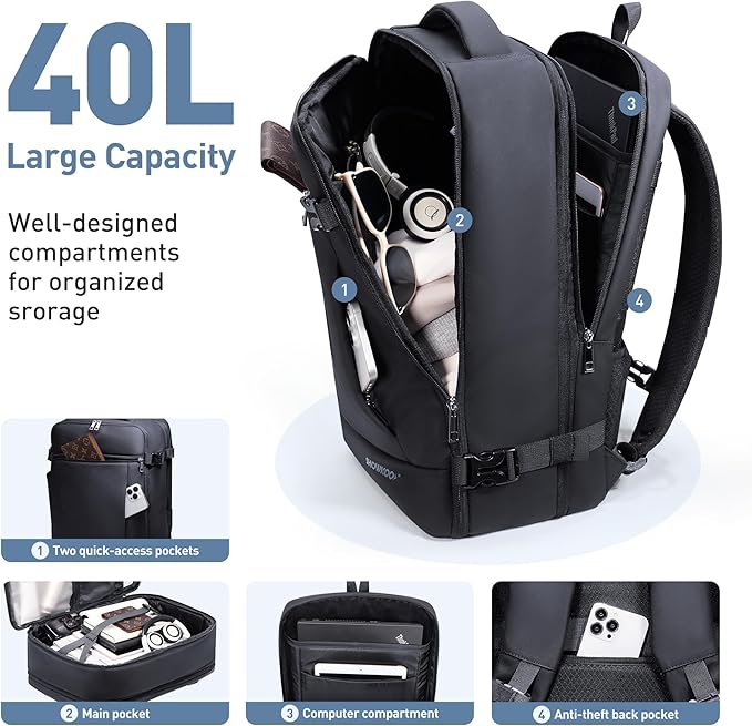 SHOWKOO Laptop Backpack for 17 Inch Laptop, 40L Expandable Large Capacity Backpack, TSA Carry On Travel Backpack with Padded Laptop Compartment, Water-Resistant College & Commuter Bag, Black