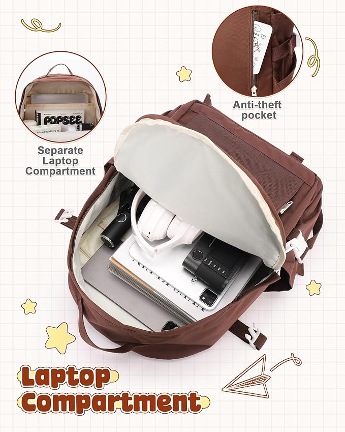 School Backpack for Teen Girls Boys Multi-pocket Middle School Bag Cute College Backpack for Women Men Elementary Student Bookbags Aesthetic Backpacks Casual Daypacks Coffee