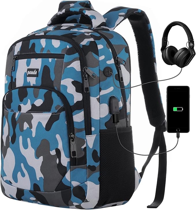 17 inch Backpack for Men,College Backpack School Bookbag for Teens,Travel Laptop Bookbag with USB Port and Headphone Hole,Camouflage Blue