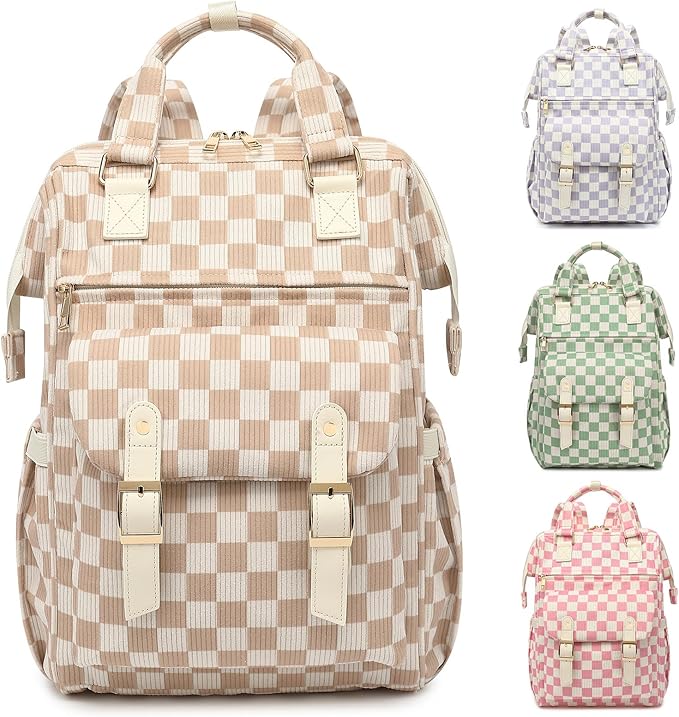 Corduroy Laptop Backpack for Women 15.6 Inch Stylish College School Bookbag, Business Work & Travel Computer Backpacks (Checkered Brown)