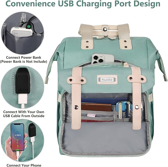 FALANKO Laptop Backpack for Women, Doctor Teacher Nurse Work Bookbag for 17.3 Inch Laptop, Large Travel Wide Open College Shoulder Purse Bag With RFID Anti Theft USB Charging Port-Green